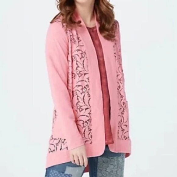 LOGO BY LORI GOLDSTEIN Plus Size Open Front Slub Cardigan w/ Lace Detail Pink 3X - Picture 4 of 14
